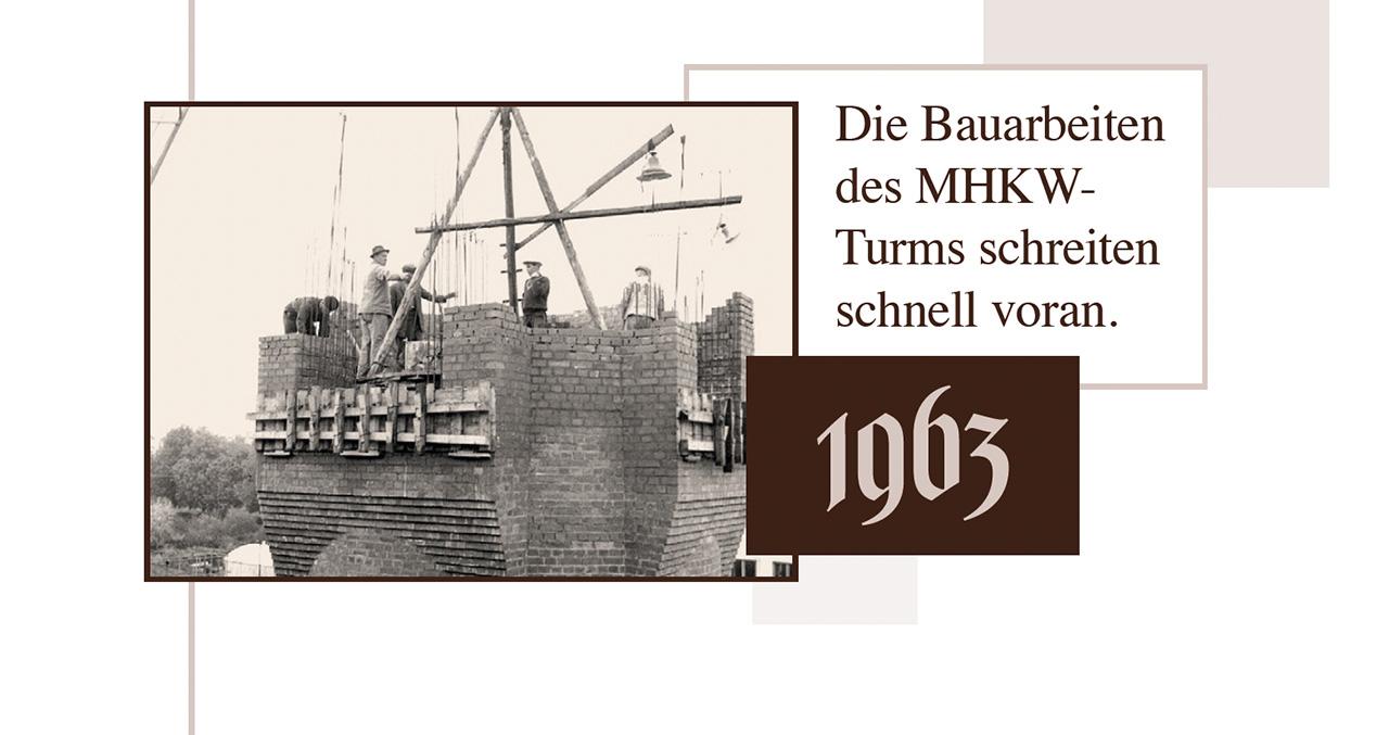 Bau des Müllheizkraftwerks mit dem fertiggestellten Kamin im Jahr 1963